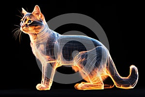 Cat with golden glow on a black background. X-ray of a cat. Generated by artificial intelligence