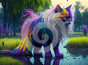 cat got dirty in paints, in the park. AI generated