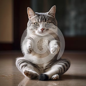 a cat gracefully practicing yoga on the floor generative AI