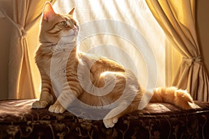 cat gracefully stretching on a pillow in a sunbeam