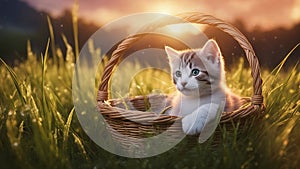 cat in the grass highly intricately detailed photograph of Cute little kitten wearing chaplet inside a basket