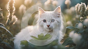 cat on the grass A serene kitten with a gentle gaze, lounging in a bed of soft, fuzzy plants