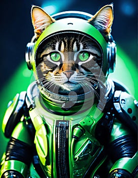 Cat in Green Space Suit With Headphones, Astronaut Feline Grooves to the Beat. Generative AI.