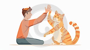 Cat greeting owner, clapping paw on hand, hi gesture. Pet communication concept. Graphic modern illustration isolated on