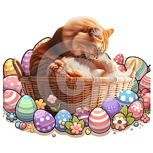 Cat grooming among easter eggs