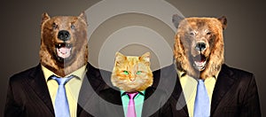 Cat guarded by two bears in business suits