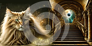 Cat guardian of mystical gate directed to universe and divine cosmic dimensions