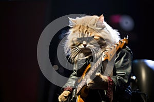 cat, with guitar slung across its back and full of rockstar swagger, performing onstage photo