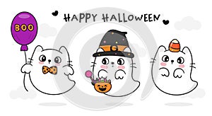 Cat Halloween cake. Cute Witch cartoon Ghost spooky boo balloon