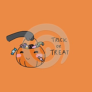 Cat hand carry candy pumpkin basket , Trick or treat cartoon illustration