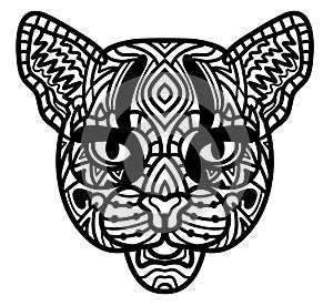 Cat. Hand-drawn wild cat with ethnic doodle pattern. Coloring page - zendala, design for spiritual relaxation for adults