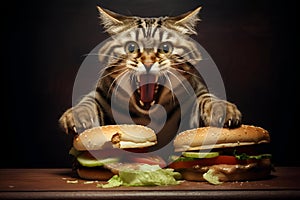 Cat happily devouring burgers with its mouth wide open, AI-generated. photo