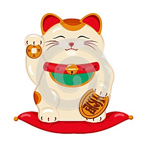 A cat of happiness, good luck, wealth, white, sits on a red pillow with coins in his hands, a bell and a bib.
