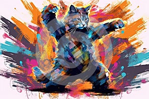 Cat has mastered the art of breakdancing, spinning on its paws and popping with style. A groovy feline in abstract style.