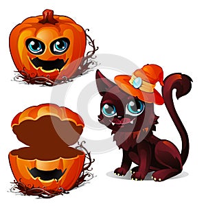 Cat in hat and box of pumpkins. Halloween characters. Dark cat with fangs in orange hat and scary pumpkin face. Vector