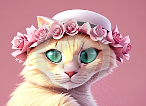 Cat in hat. Elegant white puss in headdress on pink background. Generative AI.