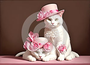 Cat in hat. Elegant white puss in headdress on pink background. Generative AI.