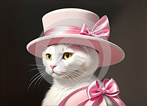 Cat in hat. Elegant white puss in headdress on pink background. Generative AI.