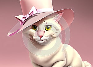 Cat in hat. Elegant white puss in headdress on pink background. Generative AI.