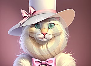 Cat in hat. Elegant white puss in headdress on pink background. Generative AI.