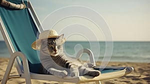 Cat in hat on sun lounger is resting against backdrop of sea on beach. AI generated.