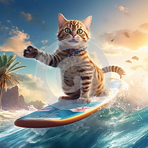 Cat having surfboarding a wave with a funny expression.