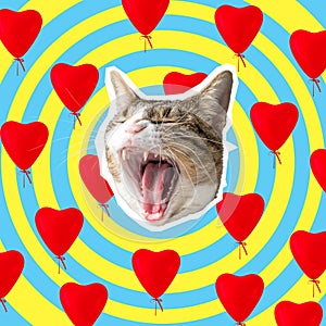 Cat head with bright hearts collage, pop art concept design. Minimal love background