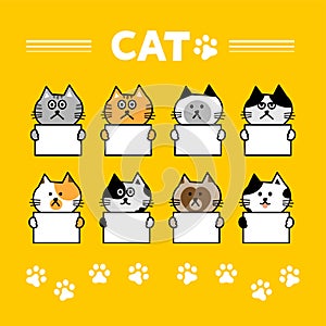 Cat head emoji vector. Line illustration of various cats holding blank signs on yellow background