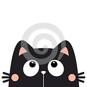Cat head face looking up. Big eyes. Cute cartoon character. Black kawaii kitten animal silhouette. Pink ears. Baby card. Pet