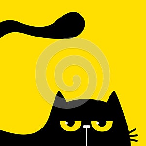 Cat head face silhouette, tail. Black peeking kitten face head. Yellow angry eyes. Cute cartoon kawaii character. Funny pet animal