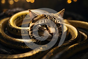 cat head golden python. fantasy creature. Generative AI