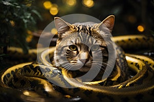 cat head golden python. fantasy creature. Generative AI