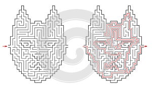 Cat head maze. Difficult vector labyrinth with entry and exit. Riddle with solution - red passing route. Logic game for