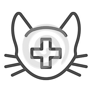 Cat head with medical sign line icon, animal hospital concept, Veterinary symbol on white background, silhouettes of cat