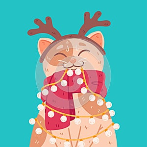 Cat with headband deer horns, warm scarf, light bulbs garland. Merry Christmas and Happy New Year postcard. Cute vector