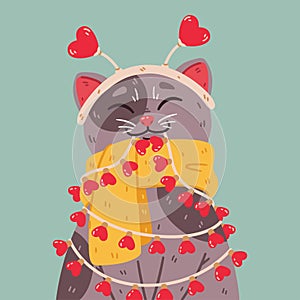 Cat with headband hearts, warm scarf, light bulbs garland. Saint valentine day 14 February greeting card. Cute vector illustration