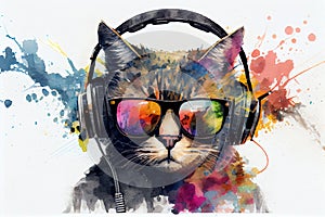 Cat in headphone with sunglasse in bright clothes drawing with bit of watercolour photo