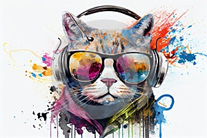 Cat in headphone with sunglasse in bright clothes drawing with bit of watercolour photo