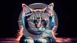 Cat in headphones. Cat leastening music. Generative AI