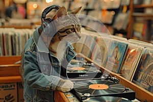 A cat with headphones in a music store