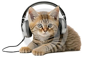 A Cat With Headphones On A White Background. Generative AI