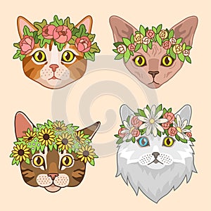 Cat heads with flower crown. Cute cats in floral wreath, funny kitties for birthday greeting cards. Girly vector print