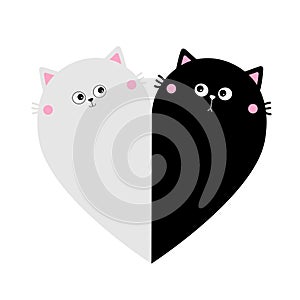 Cat heart set. Couple family. Black White Yin Yang kitty kitten. Happy Valentines day. Cute cartoon kawaii funny baby character.