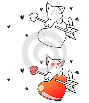 Cat and heart are shooted with an arrow of love cartoon coloring page photo