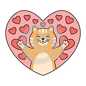 Cat in hearts. Greeting cards for Valentines Day, Birthday, Mothers Day. Cartoon animal character vector illustration isolated on