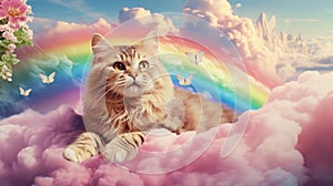 cat in heaven with rainbow in the background. Generative AI