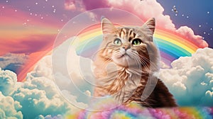 cat in heaven with rainbow in the background. Generative AI