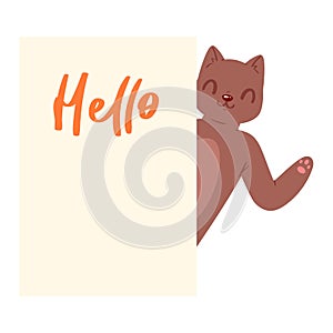 Cat Hello banner vector kitten character peeking behind cardboard kitty holding copy space message poster illustration