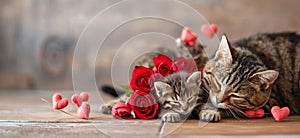 Cat and her kitten sleeping surrounded by hearts and roses. Postcard and web banner for Mothers Day