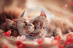 Cat and her kittens surrounded by hearts. Postcard and web banner for Mothers Day. Photographic quality